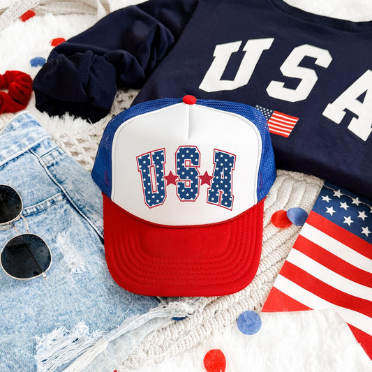 USA Stars Bright Patriotic Emblem Flag Print For American Pride And Freedom Trucker Hat