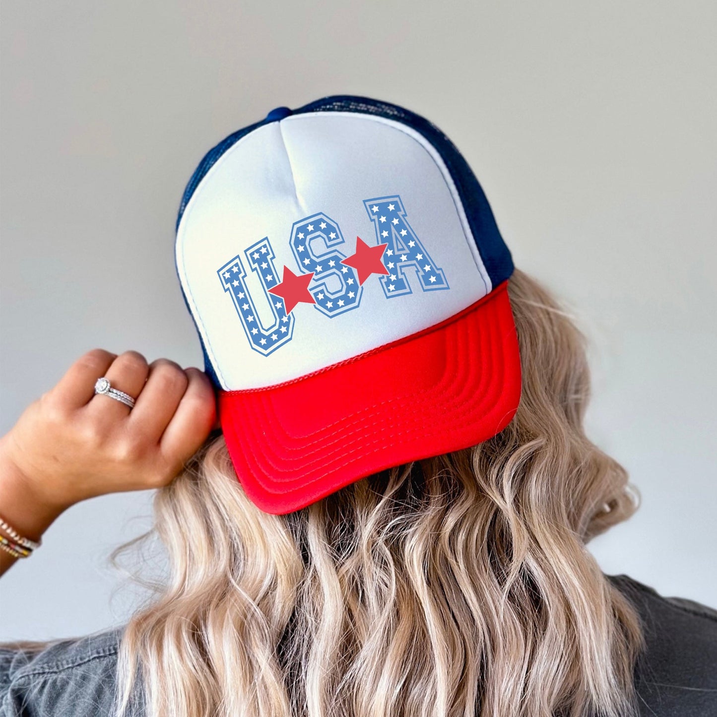 USA Stars Patriotic American Flag Emblem Bold Everyday Wear Trucker Hat With Adjustable Strap