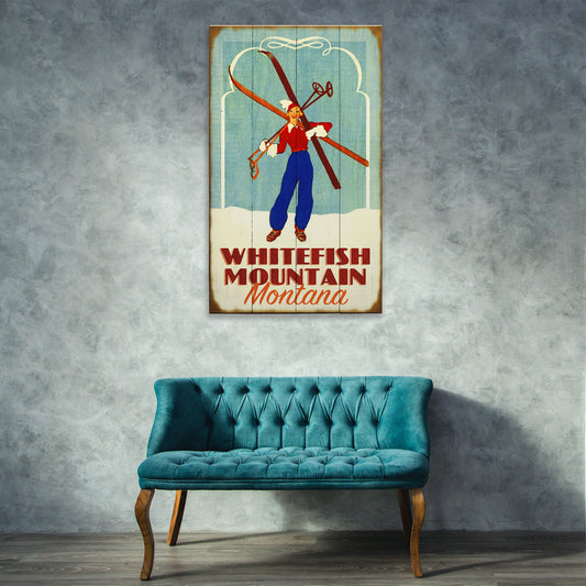 Alpine Glam Girl With Skis - Wood & Metal Wall Art