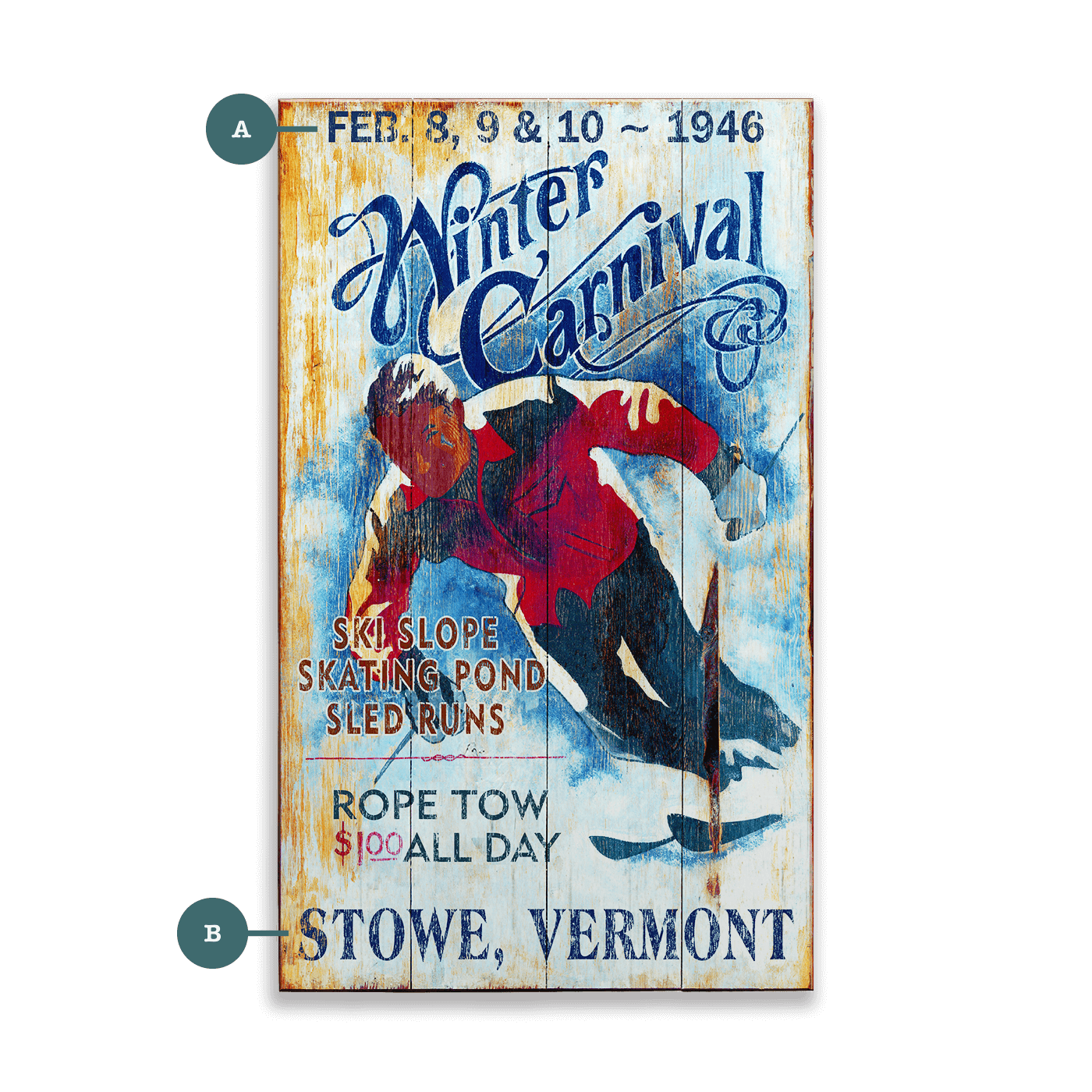 Winter Carnival: Ski, Skate, Sled - Wood & Metal Wall Art