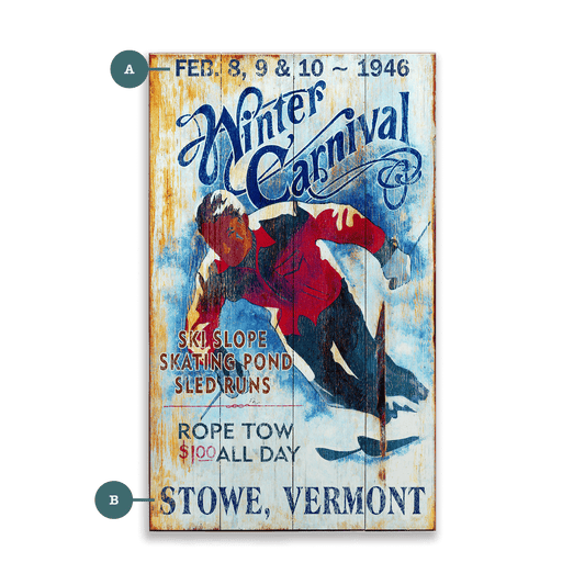 Winter Carnival: Ski, Skate, Sled - Wood & Metal Wall Art