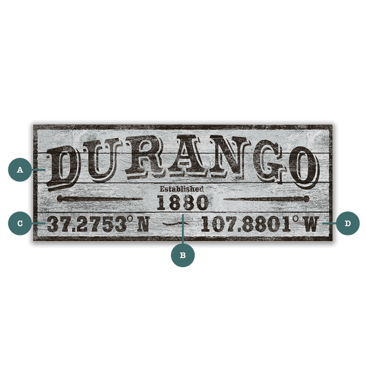 Durango Western Town Established & Coordinates - Wood & Metal Wall Art