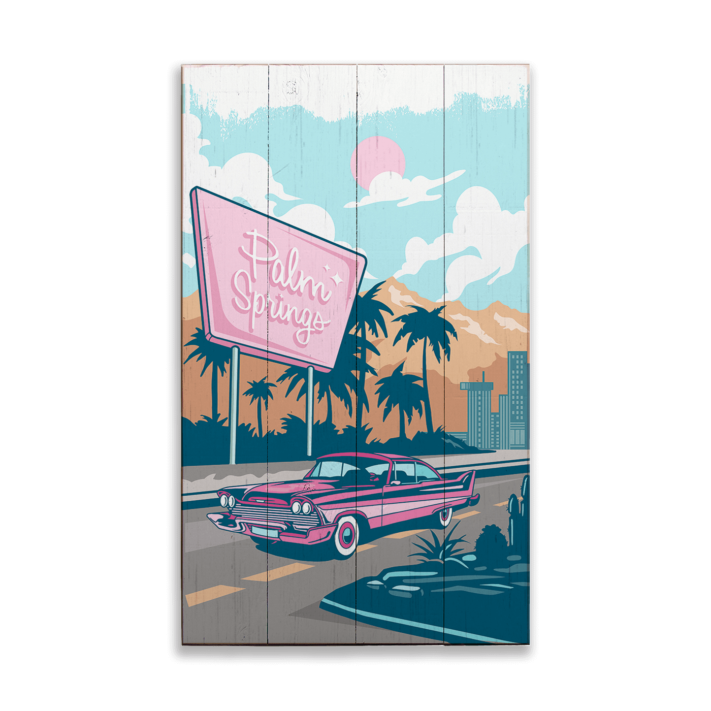 Cruising Through Retro Paradise: Clean - Wood & Metal Wall Art