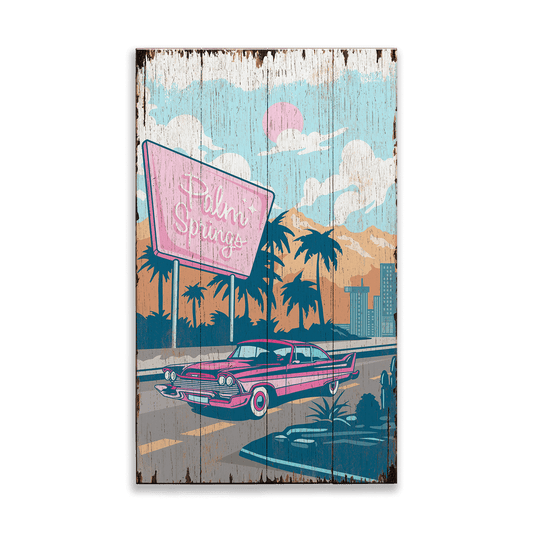 Cruising Through Retro Paradise: Distressed - Wood & Metal Wall Art