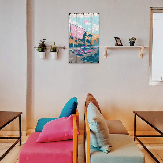 Cruising Through Retro Paradise: Distressed - Wood & Metal Wall Art