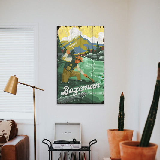 Vintage Fly Fishing River Scene: Distressed Finish - Wood & Metal Wall Art