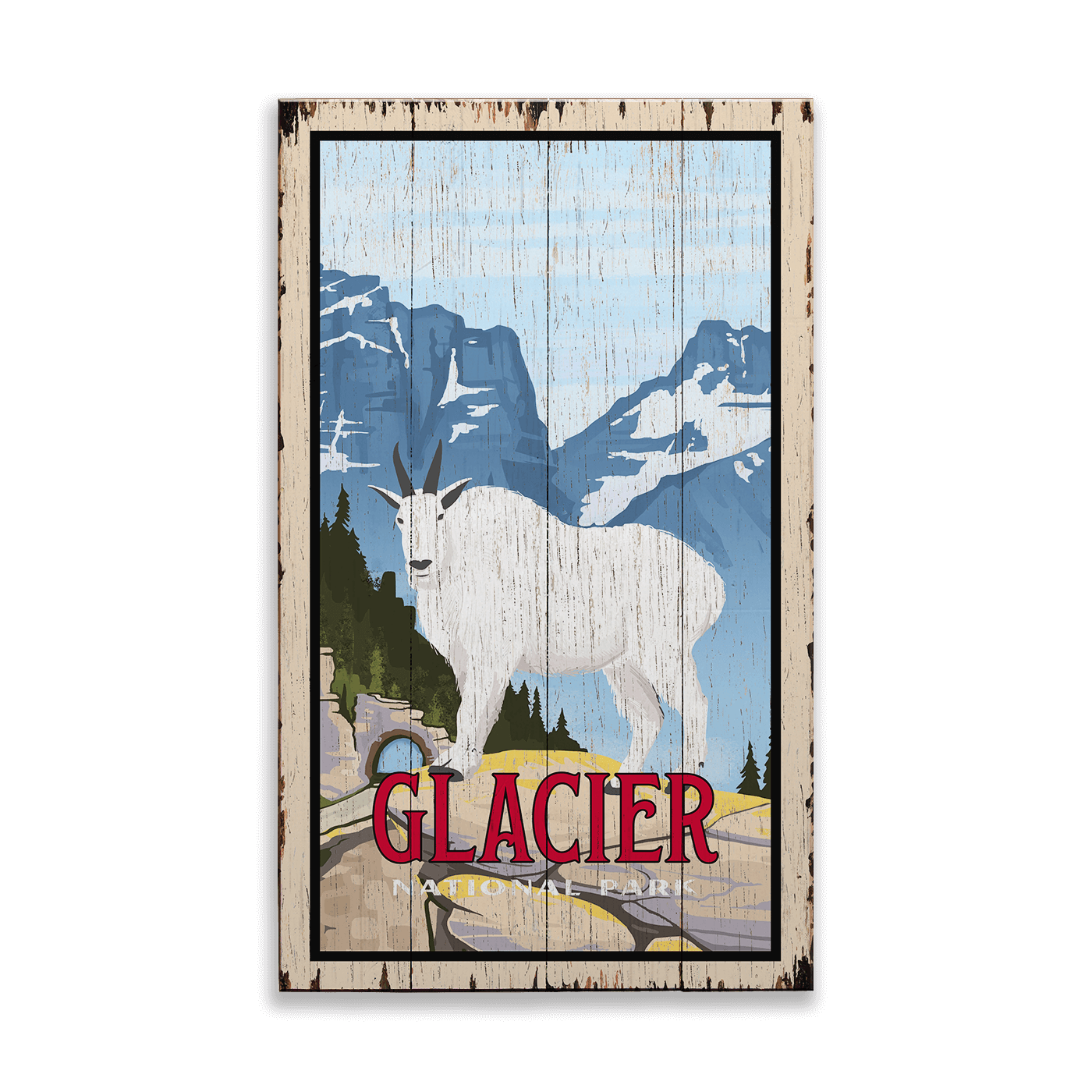 Mountain Goat at Glacier National Park: Distressed Finish - Wood & Metal Wall Art