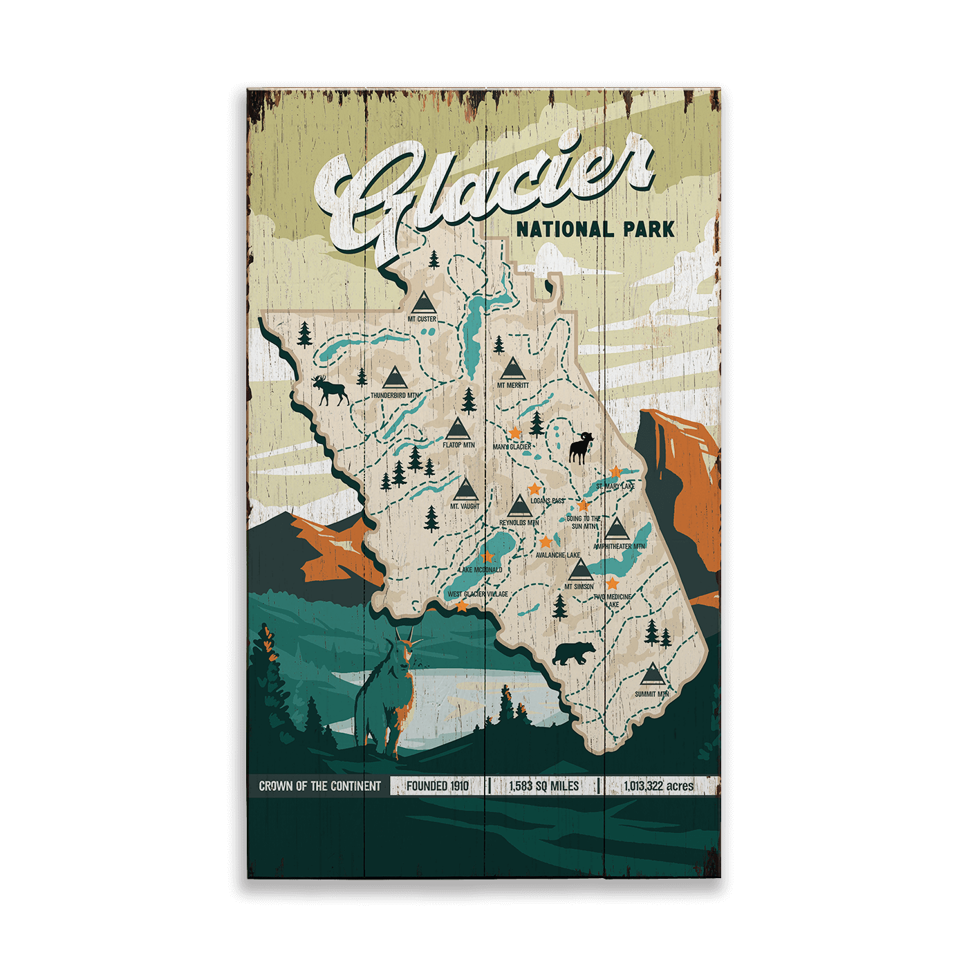 Glacier National Park Illustrated Map: Distressed Finish - Wood & Metal Wall Art