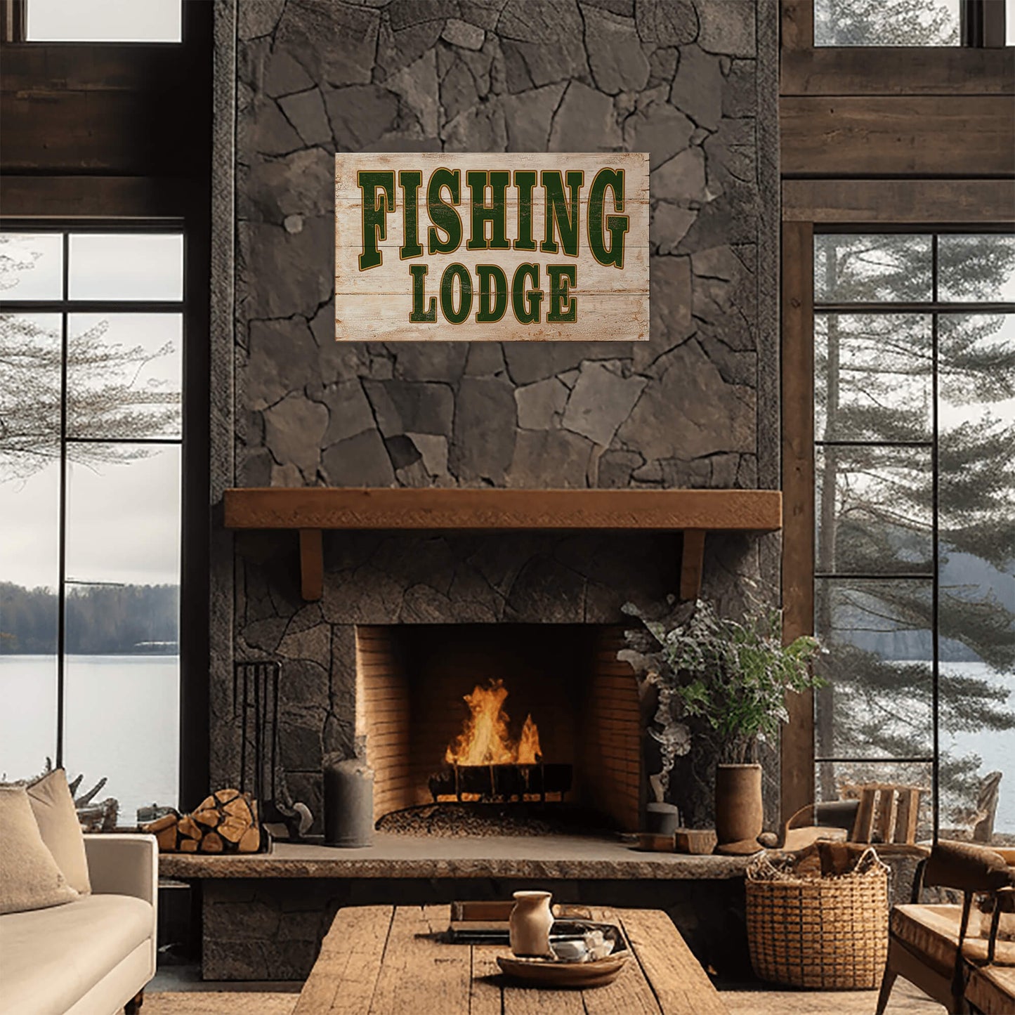 Fishing Lodge Sign - Wood & Metal Wall Art