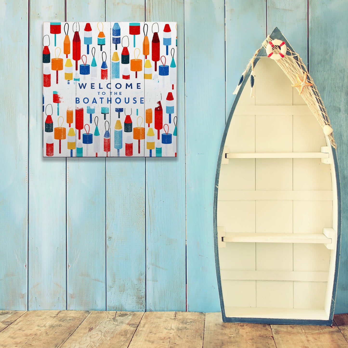 Beach House Buoy Welcome: Square - Wood & Metal Wall Art