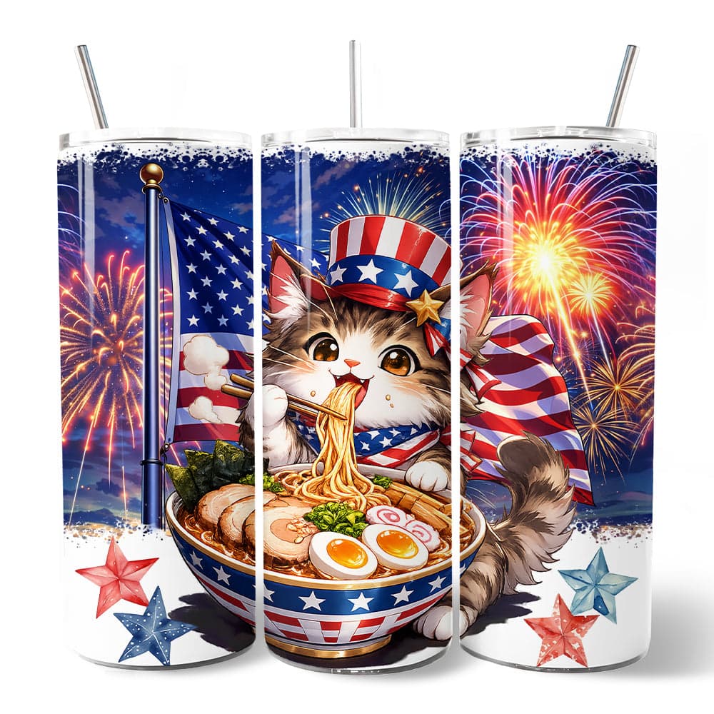 Kawaii Patriotic Ramen Maine Coon Cat 20oz Personalized Tumbler With Lid and Stainless Steel Straw, Japanese Anime Gift Cup