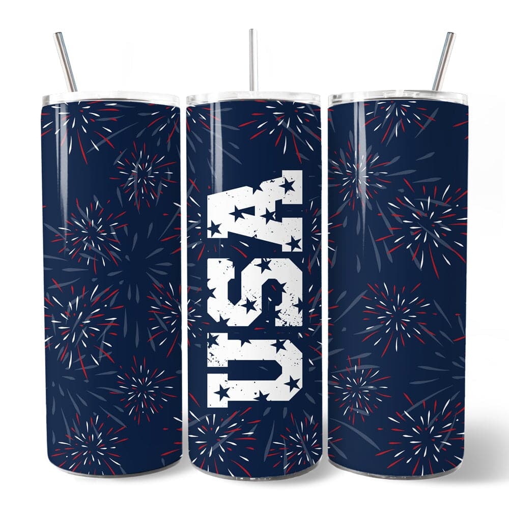 Vintage USA Block Letters 20oz Personalized Tumbler With Lid and Stainless Steel Straw, Patriotic Fireworks for Independence Day Gift Cup