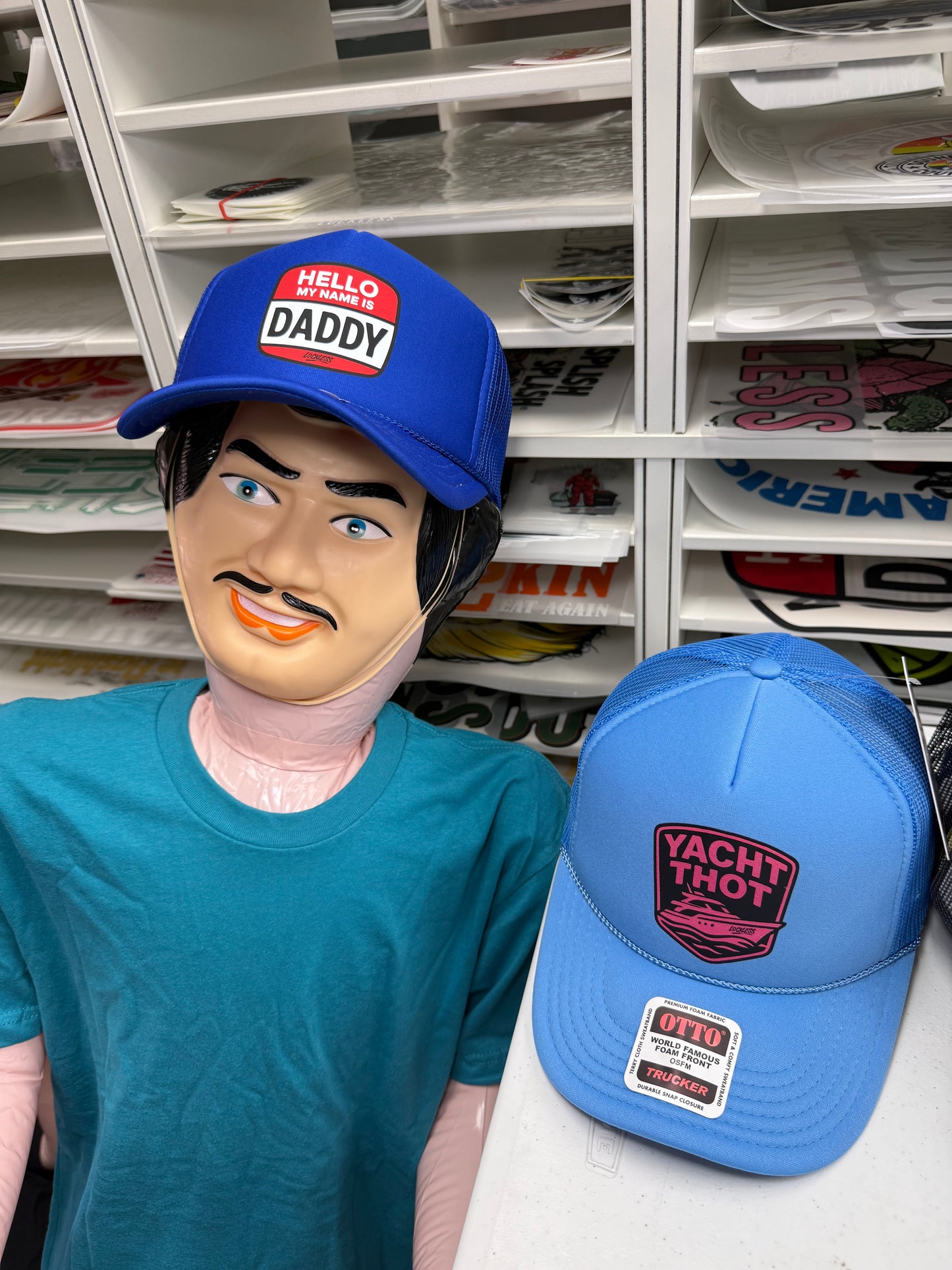 Yacht Thot Trucker Hat - Bold Foam-Front Snapback Cap with Pink and Black Design on Blue Base