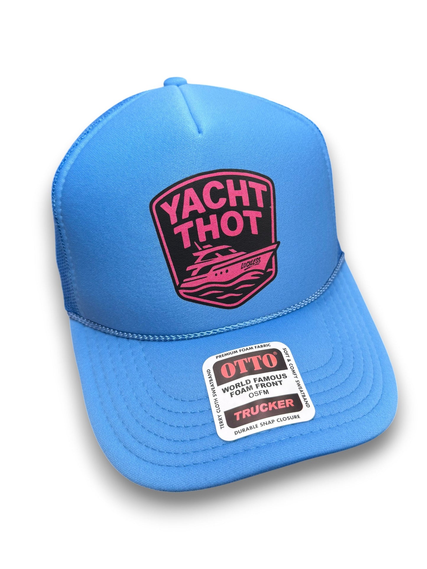 Yacht Thot Trucker Hat - Bold Foam-Front Snapback Cap with Pink and Black Design on Blue Base