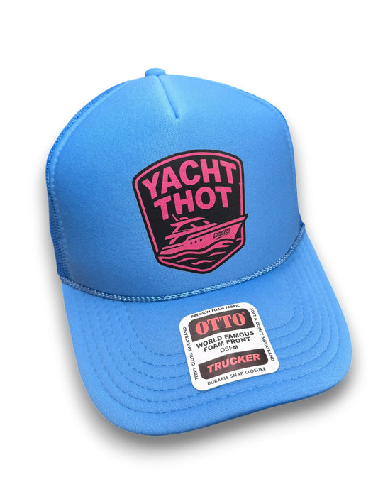 Yacht Thot Trucker Hat - Bold Foam-Front Snapback Cap with Pink and Black Design on Blue Base