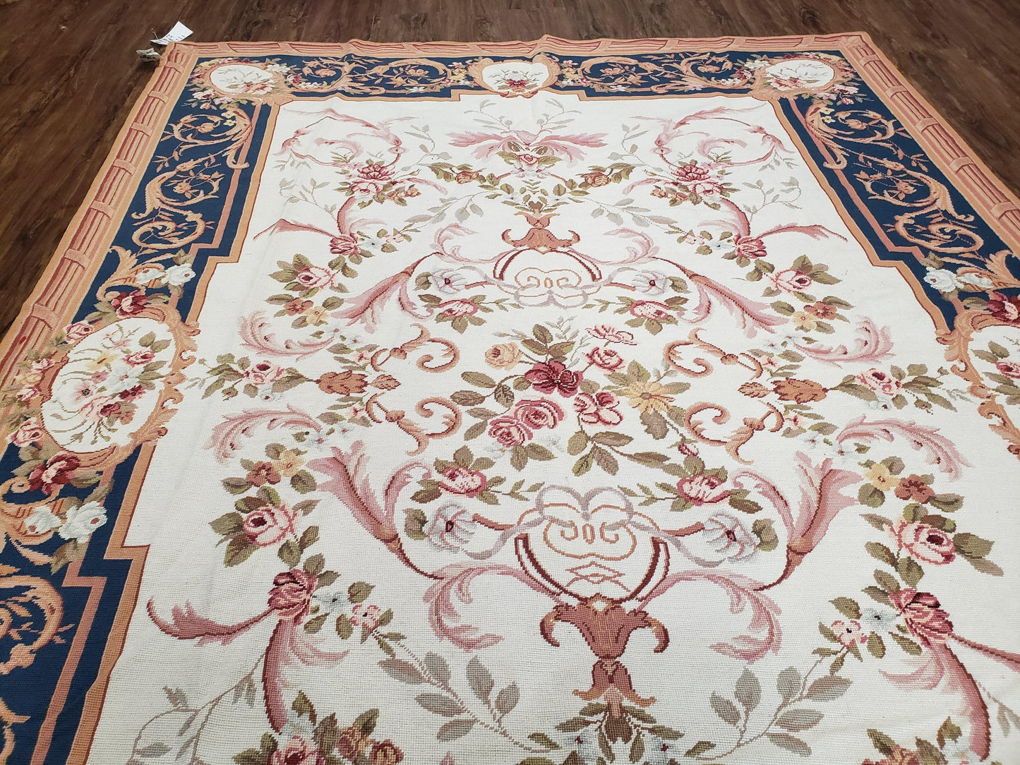 Chinese Aubusson Savonnerie Area Rug 6x8, Vintage Hand-Woven Needlepoint Rug, Flat Weave Handmade Wool Carpet Living Room Ivory & Navy Blue