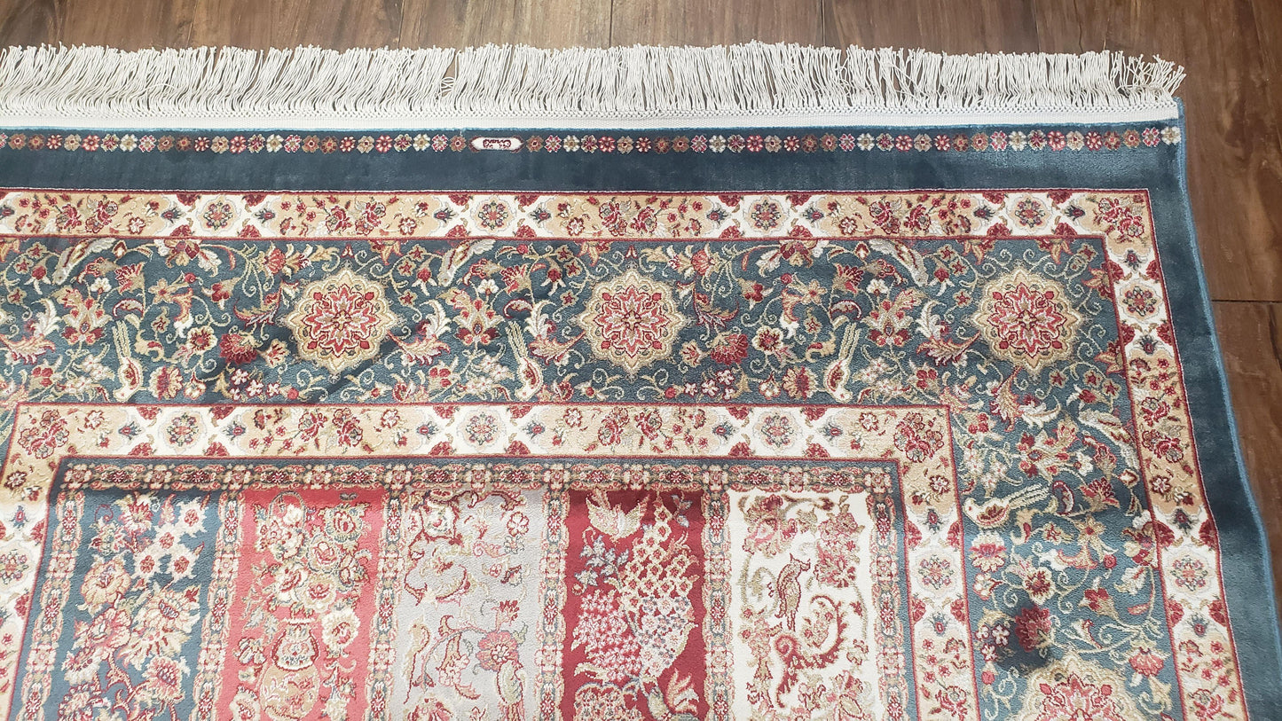 Silk Carpet 4x6 Blue, Panel Design, Four Seasons Pattern, Super Fine & Soft, Bamboo Silk, 4 x 6 Oriental Area Rug, High Quality, New Rug