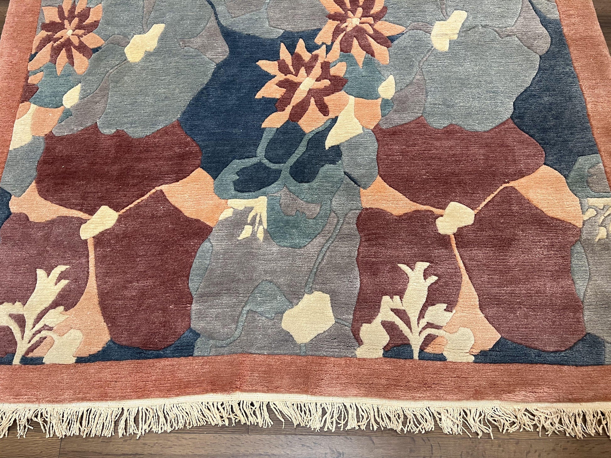 Modern Tibetan Rug 5.7 x 7.9, Abstract Multicolor Flower Pattern, Navy Blue Maroon Salmon, Soft Wool, Hand Knotted Contemporary Carpet 6x8