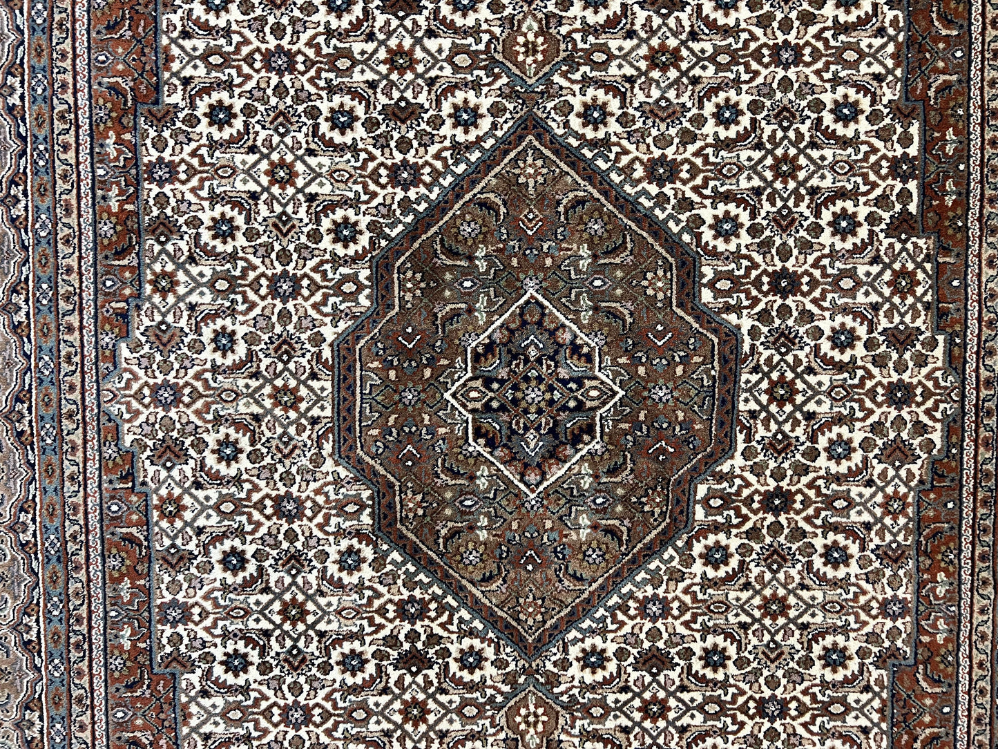 Indo Persian Rug 7x10 ft, Hand Knotted Wool Vintage Oriental Carpet 7 x 10, Traditional Handmade Herati Bidjar Cream Rug, Medallion Rug