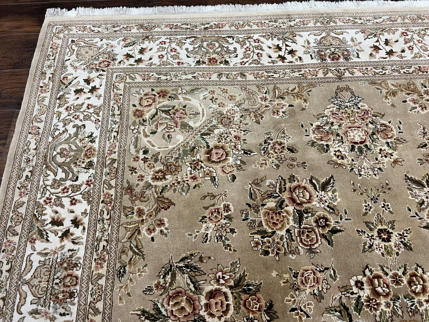 Sino Persian Rug 8x10, Soft Wool, Silk Highlights, Hand Knotted Vintage Carpet, Taupe & Ivory, Floral, Traditional Rug 8 x 10