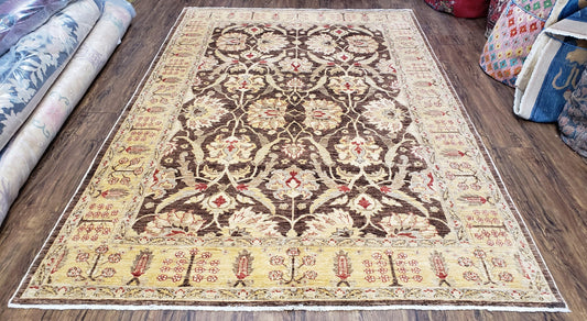 6x9 Vintage Decorative Rug, Brown & Light Gold Peshawar Area Rug, Mahal Sultanabad Hand-Knotted Farmhouse Rug, Wool Carpet, Pak-Persian Rug