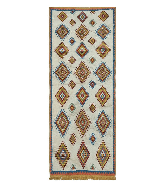 Moroccan Wide Runner Rug 3' 6" x 9', Vintage Azilal Berber Carpet Tribal Runner, Colorful Diamonds Ivory Orange Yellow, Soft Wool Handmade
