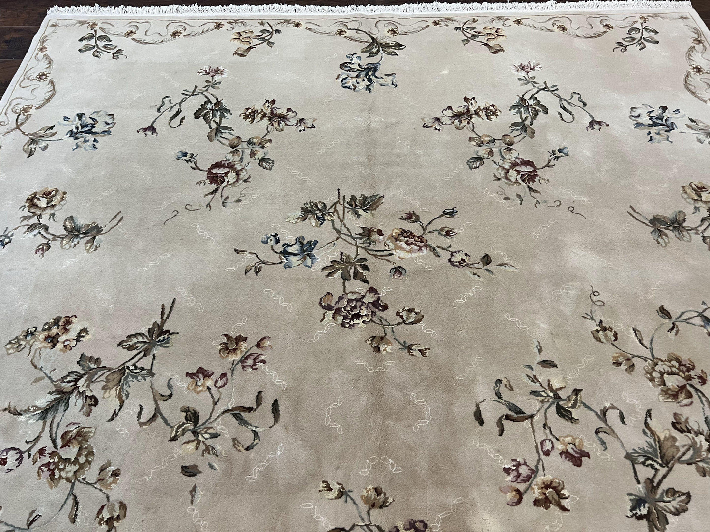 Chinese 120 Line Rug 8x10, Chinese Aubusson Wool & Silk Highlights Handmade Vintage Carpet, Beige Fine Weave Rug, Floral European Design