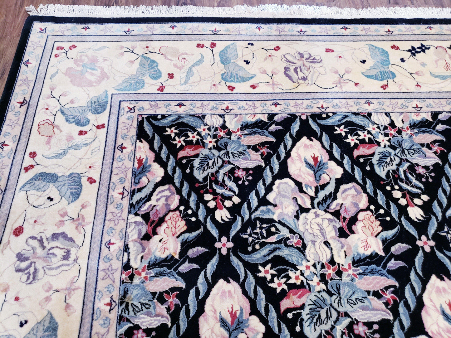 Sino-Persian Kirman Rug 9x12 Floral Handmade Wool Carpet Black & Ivory Vintage