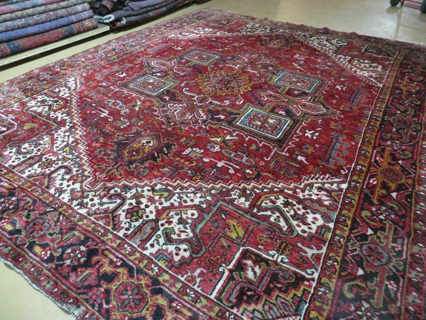 Heriz Rug 9x11, Geometric Persian Carpet Room Sized, Tribal Medallion Rug, Red Ivory Dark Blue Handmade Wool Rug for Living Room Dining Room