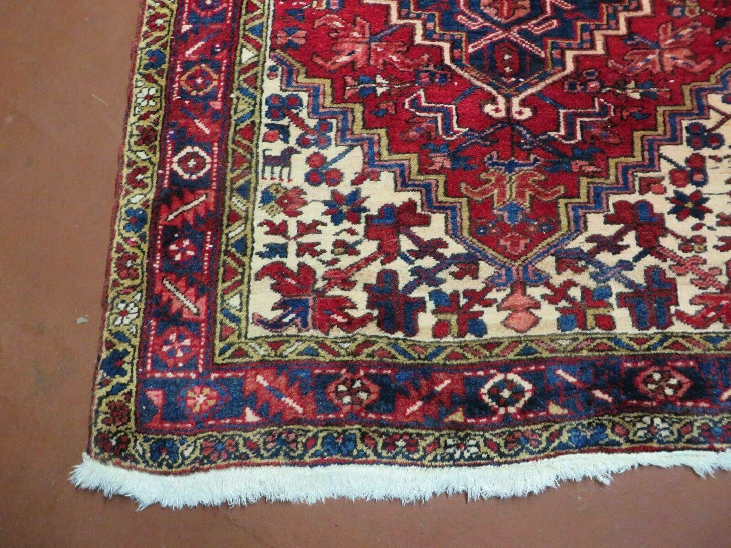 Persian Runner Rug, Heriz Runner Rug, Geometric Medallions, Red Cream Navy Blue Wool Hallway Rug 3.9 x 10.8 Antique Oriental Runner Handmade
