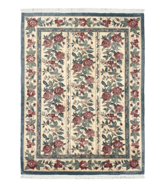 Chinese Wool Rug 8x11, Vintage 1960s Carpet, Cream and Teal, Floral Garden Panel, 8 x 11 ft Area Rug, Soft Handmade Room Sized 120 Line Rug