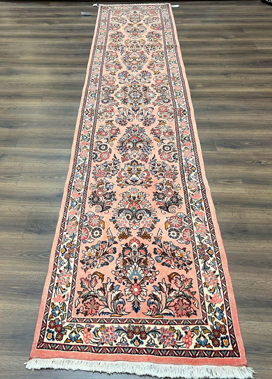 Persian Sarouk Runner Rug 2.9 x 13.6, Wool Floral Hand Knotted Runner