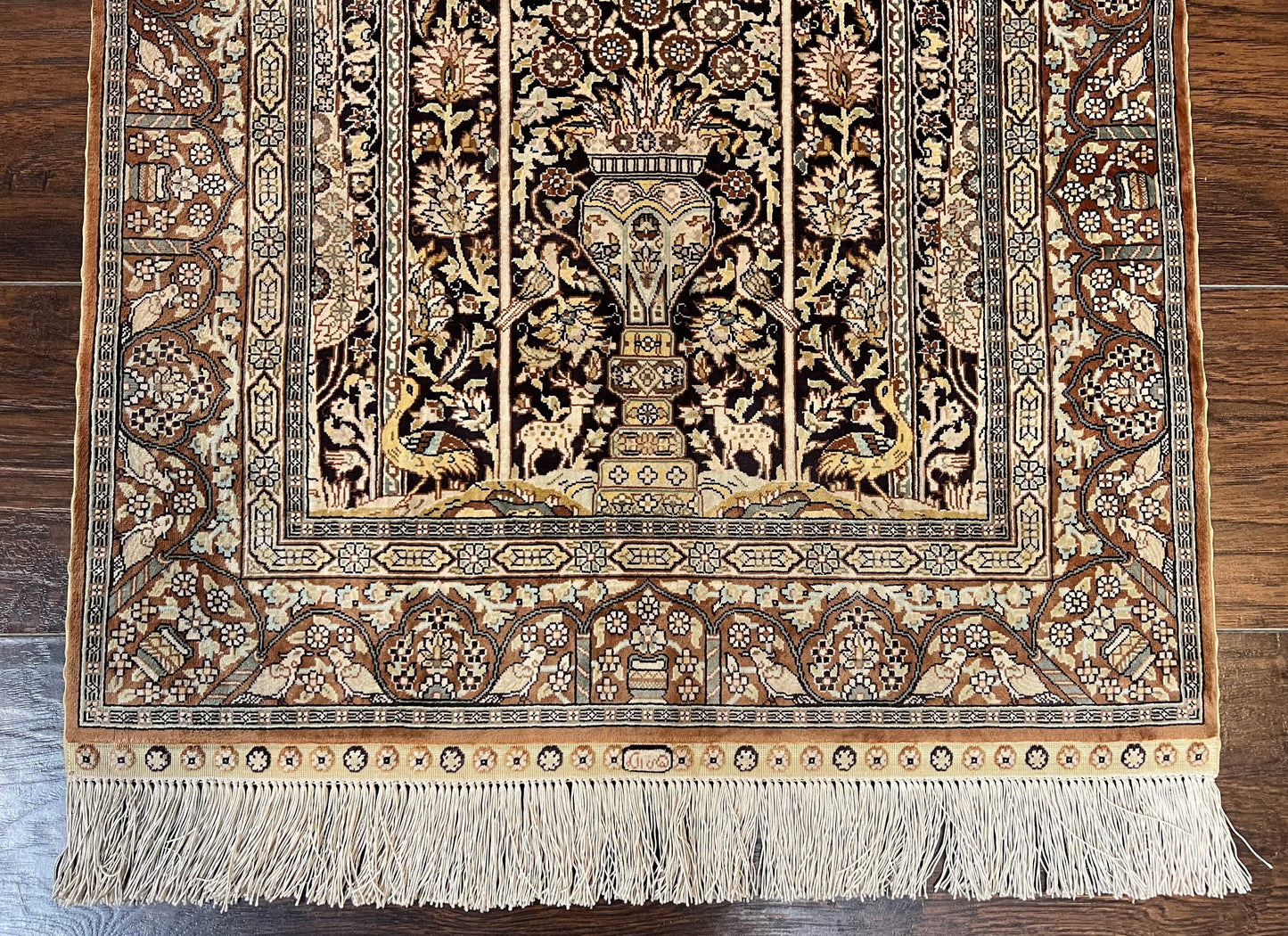 Turkish Silk Hereke Rug 2x3, Floral Vase Tree of Life Birds, Silk Pile on Silk Foundation, Vintage Oriental Carpet, Very Fine, Signature