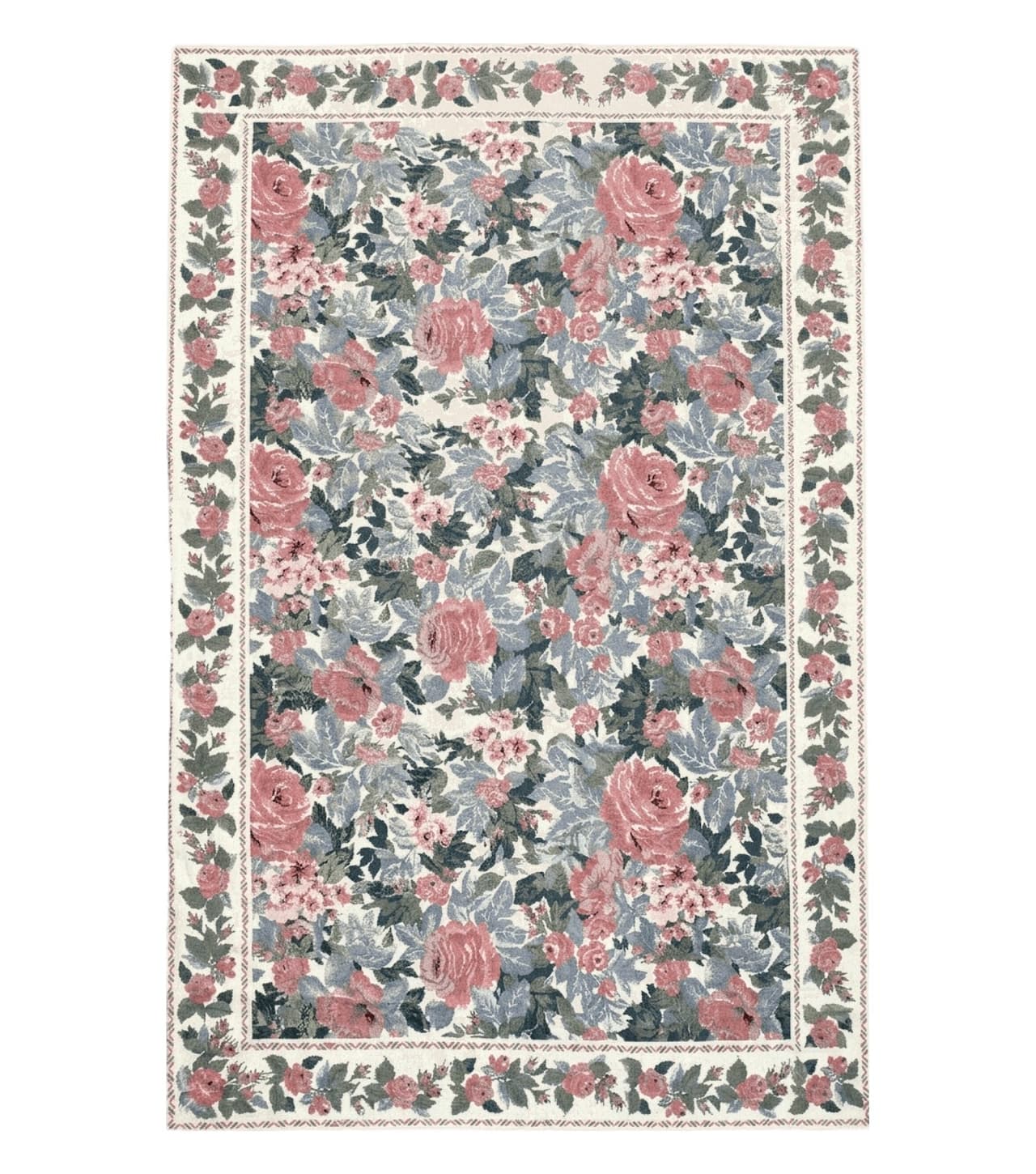 5x8 Needlepoint Rug 5' 4" x 8' 3" Wool Flat Weave Floral New Unused Carpet English Design Ivory Large Pink Flowers Green Leaves Hand-Knotted