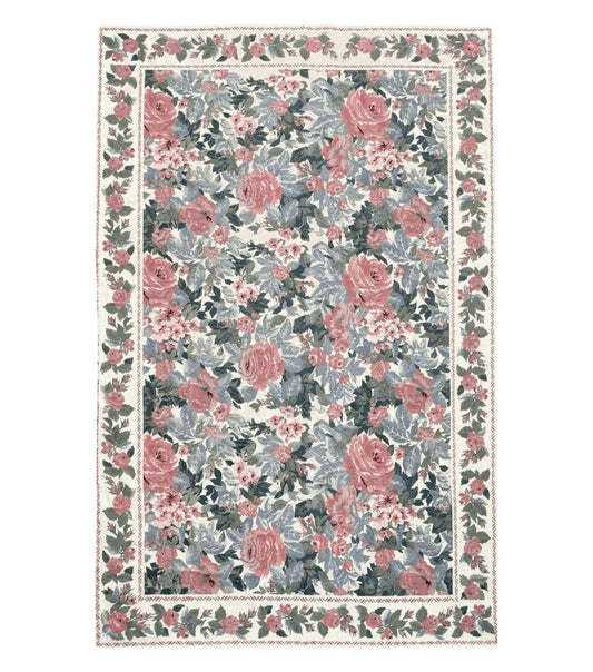 5x8 Needlepoint Rug 5' 4" x 8' 3" Wool Flat Weave Floral New Unused Carpet English Design Ivory Large Pink Flowers Green Leaves Hand-Knotted