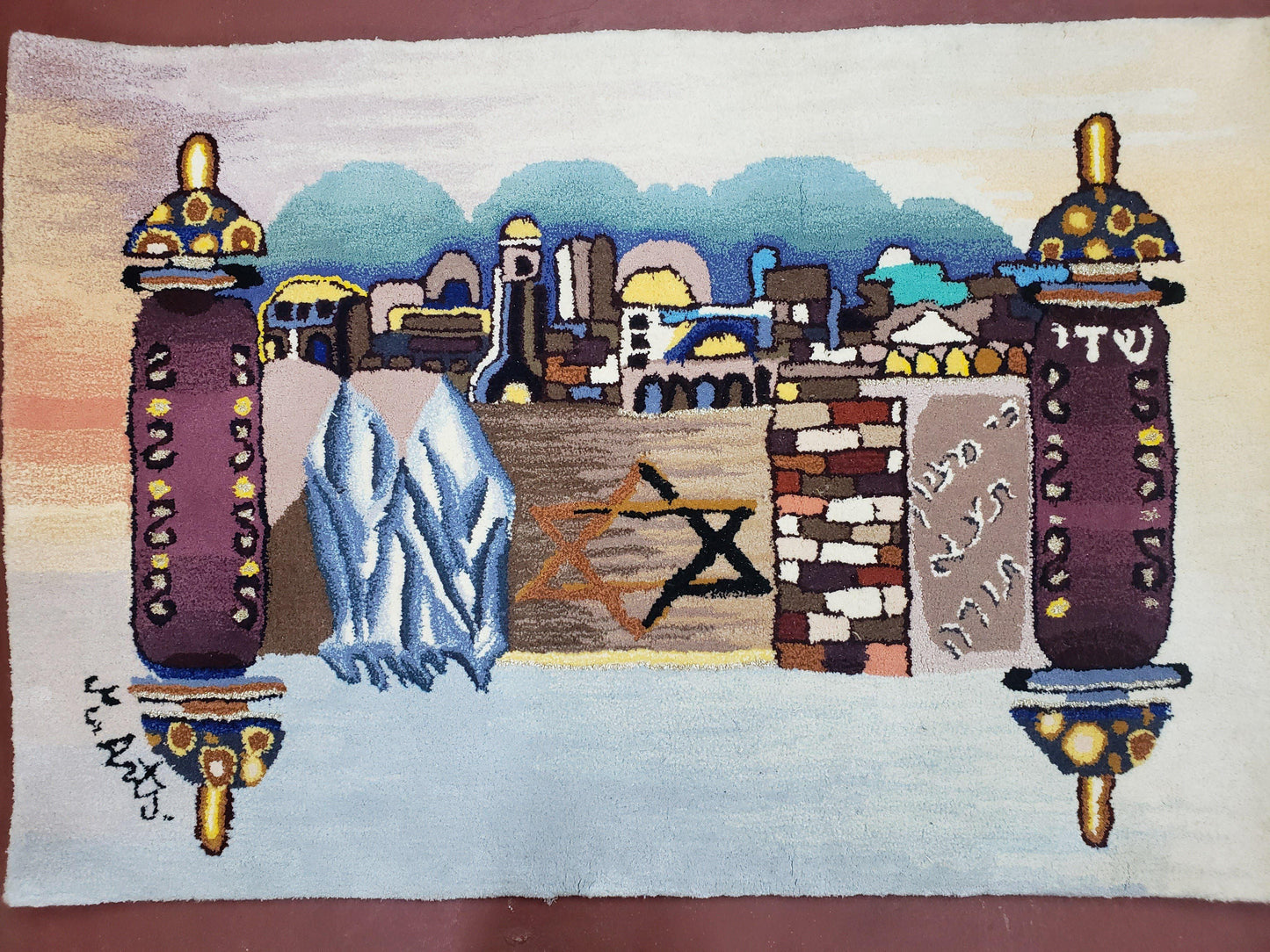 Vintage Judaica Pictorial Rug 3x5, Wool Hand-Tufted Israeli Signed Rug, Jerusalem Rug, Star of David Torah Scroll Verses, Chanuka Gift