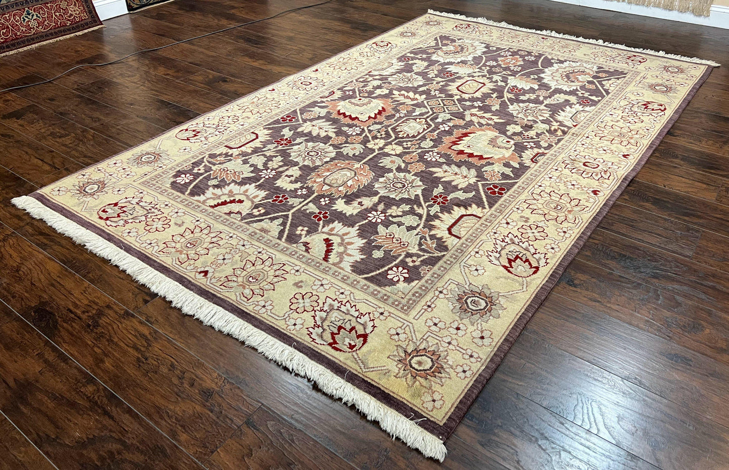 Vintage Indo Mahal Area Rug 6x9, Indian Persian Oriental Carpet 6 x 9, Puce Eggplant Tan Beige Rug, Hand-Knotted, Large Floral Design Wool