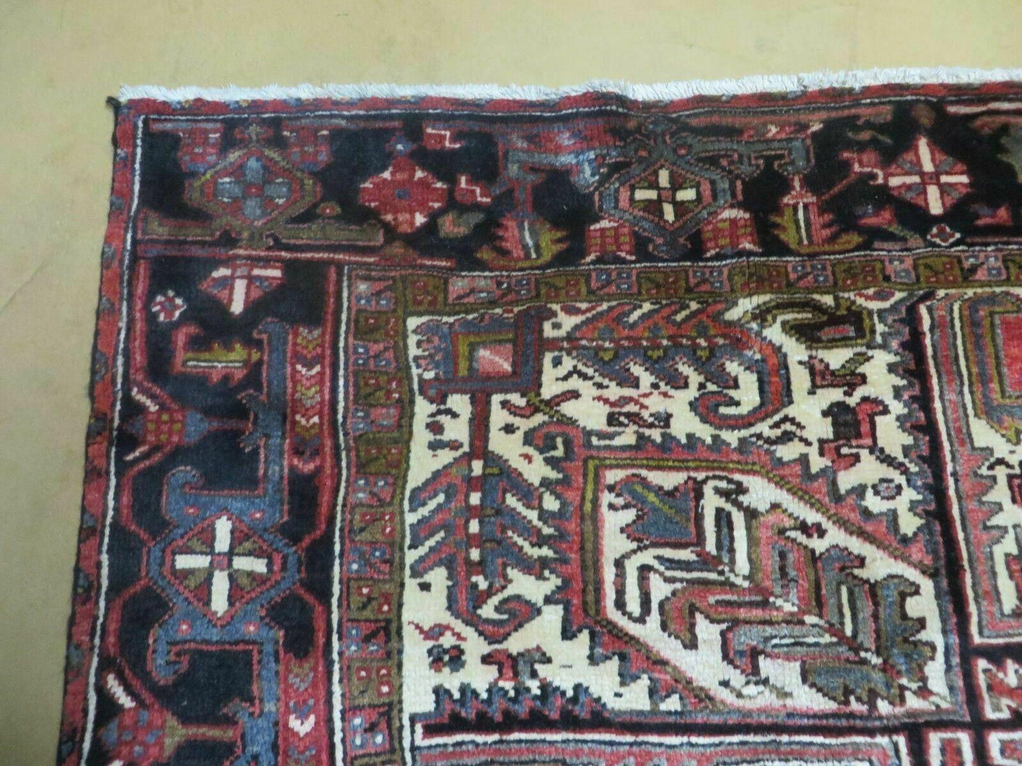 Persian Heriz Rug 8x12 Semi Antique Heriz Carpet, Room Sized Persian Carpet, Geometric Medallion, Wool, Hand Knotted, Red Ivory Dark Blue