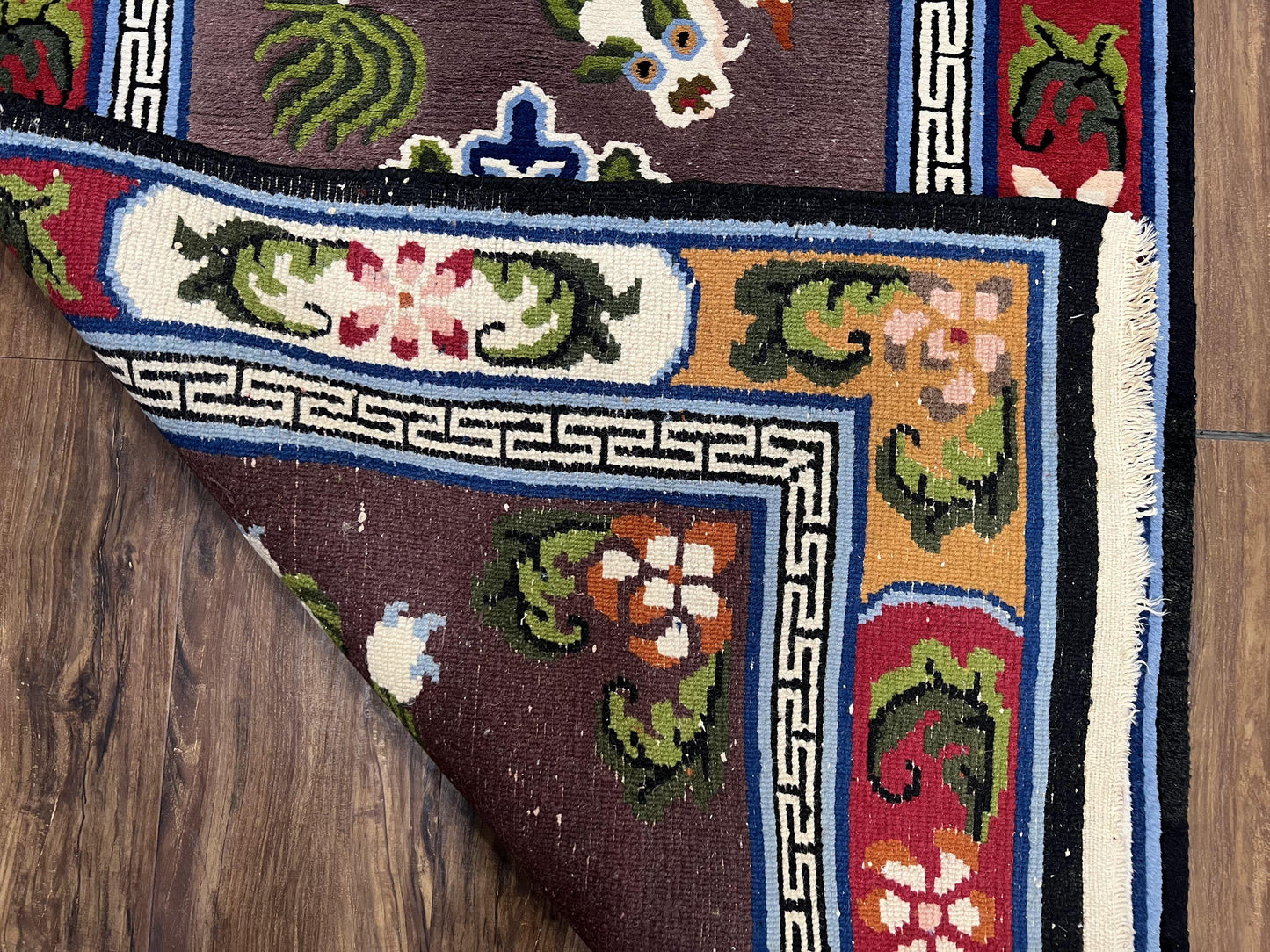 Chinese Art Deco Rug 3 x 5.5 with Animal Pictorials, Vintage Chinese Peking Wool Area Rug, Dark Puce Maroon Ivory, Hand Knotted Soft Carpet