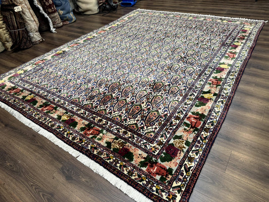 Persian Kurdish Rug 8x11, Repeated Allover Boteh Paisley Design, Bird Pictorials, Rare Antique Sannadaji Carpet