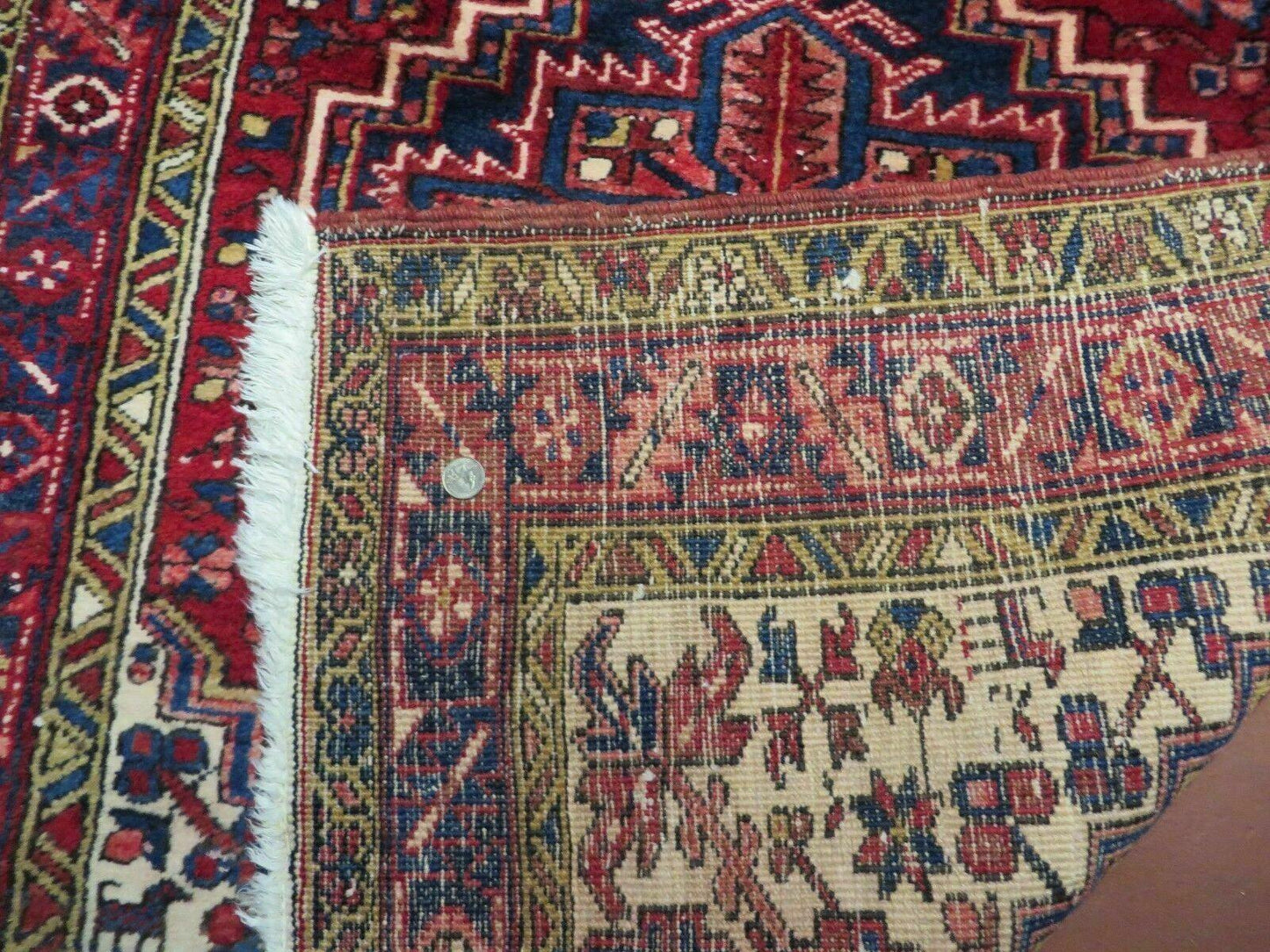 Persian Runner Rug, Heriz Runner Rug, Geometric Medallions, Red Cream Navy Blue Wool Hallway Rug 3.9 x 10.8 Antique Oriental Runner Handmade