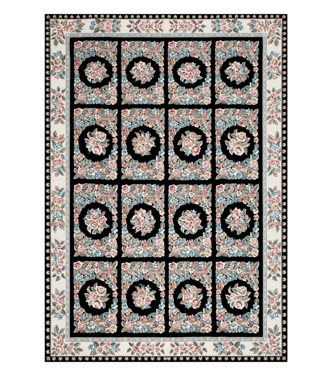 Floral Needlepoint Rug 9.5 x 13.6, Floral Panel Design, Black and Ivory Flatweave Aubusson Carpet, Multicolor