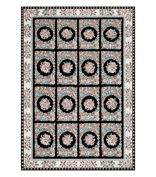 Floral Needlepoint Rug 9.5 x 13.6, Floral Panel Design, Black and Ivory Flatweave Aubusson Carpet, Multicolor