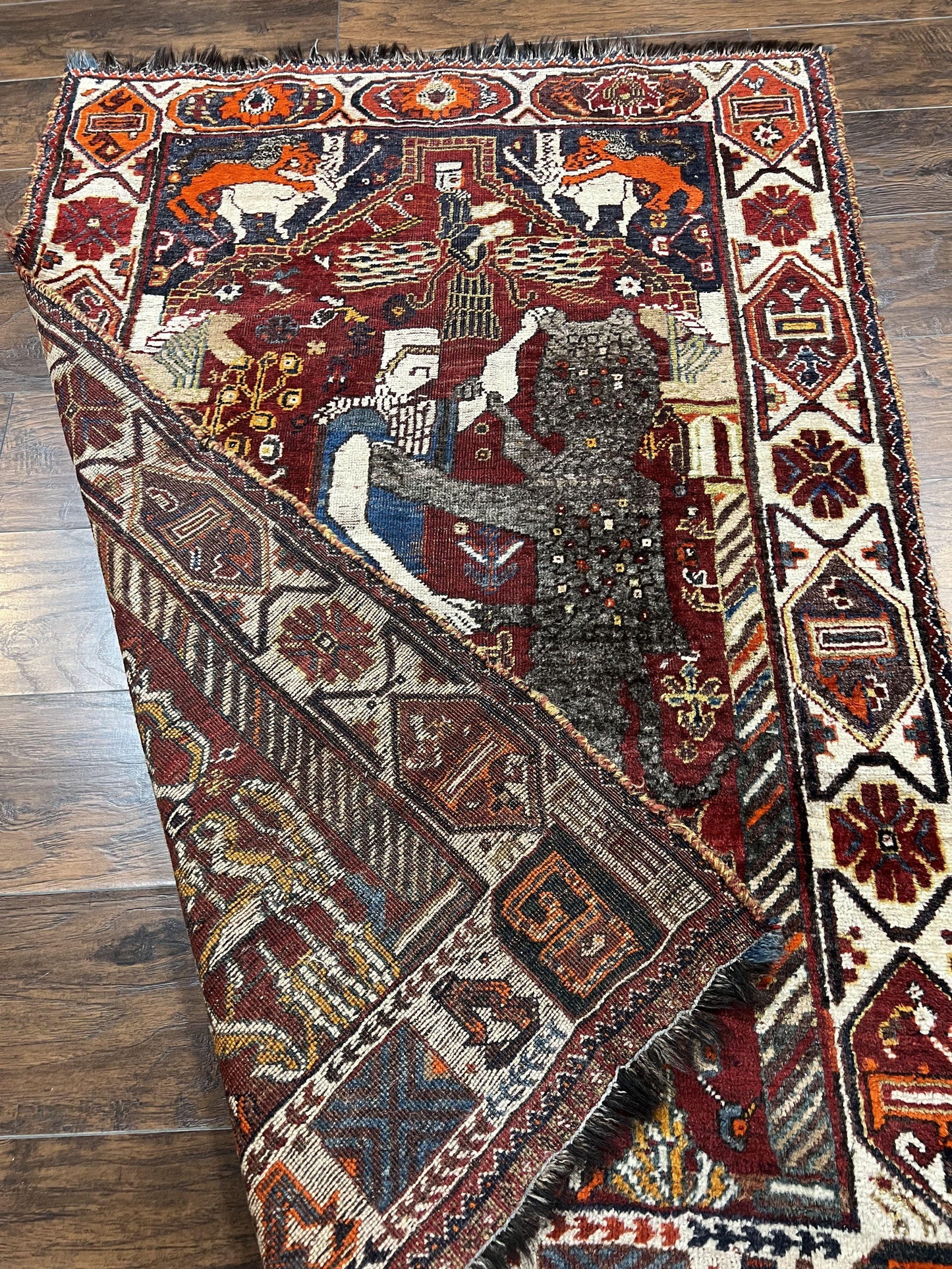 Antique Persian Shiraz Pictorial Rug 3.6 x 5, Persian Tribal Rug, Handmade, Lions, Highly Unique Collectible Small Persian Carpet, Maroon, Wool