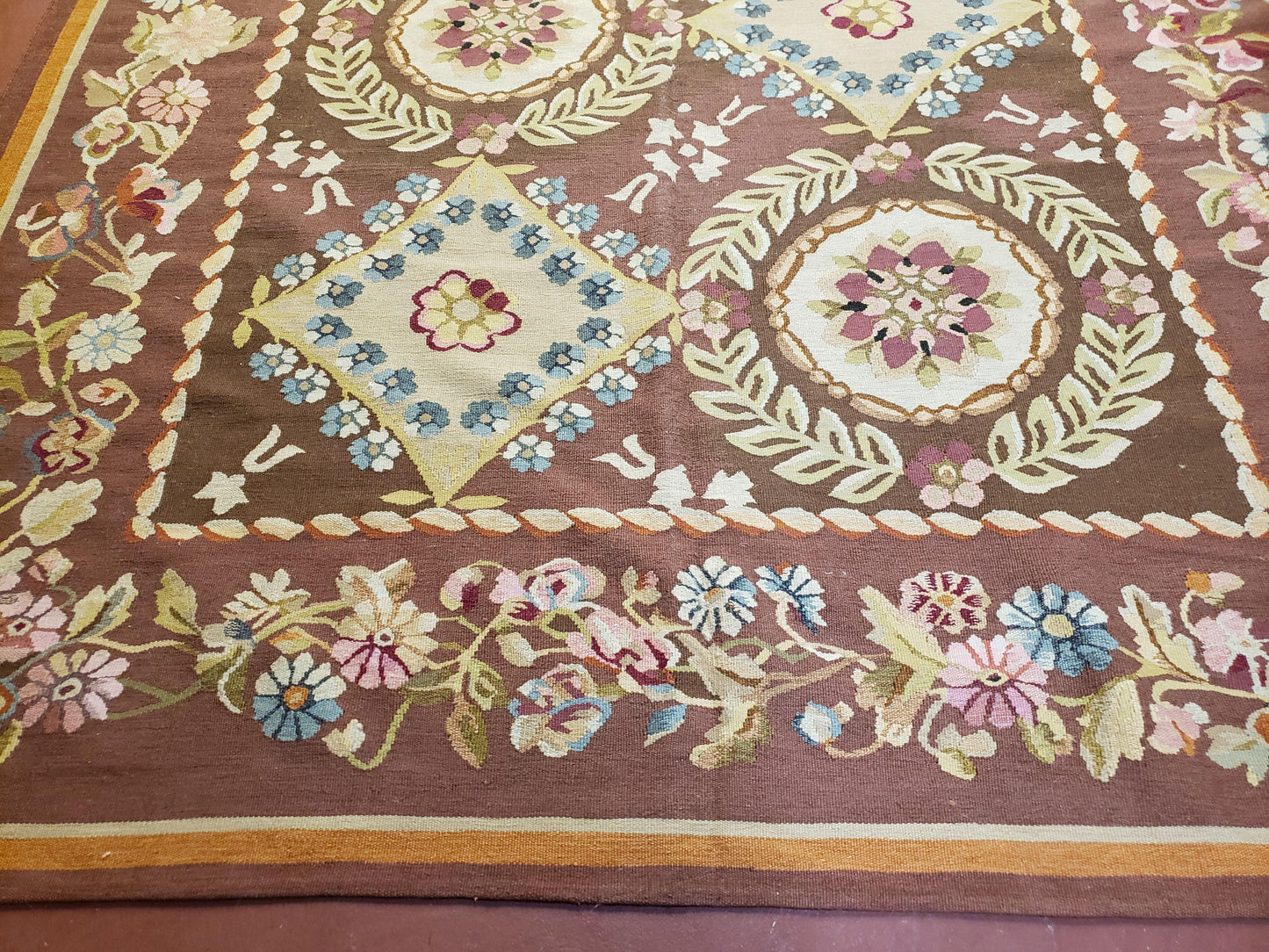 Aubusson Rug 6 x 9 Flat Weave Area Carpet European Design Flowers New Brown Rug Handmade Wool Hand-Knotted Aubusson Weave Medium Rug 6x9