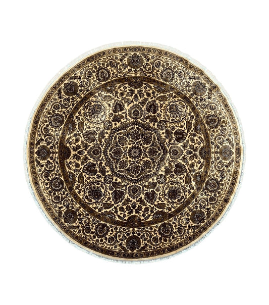 Round Indo Persian Rug 8x8 ft, Large Hand Knotted Vintage Wool Circular Carpet, 8ft Round Oriental Rug, Floral Medallion, Cream and Green