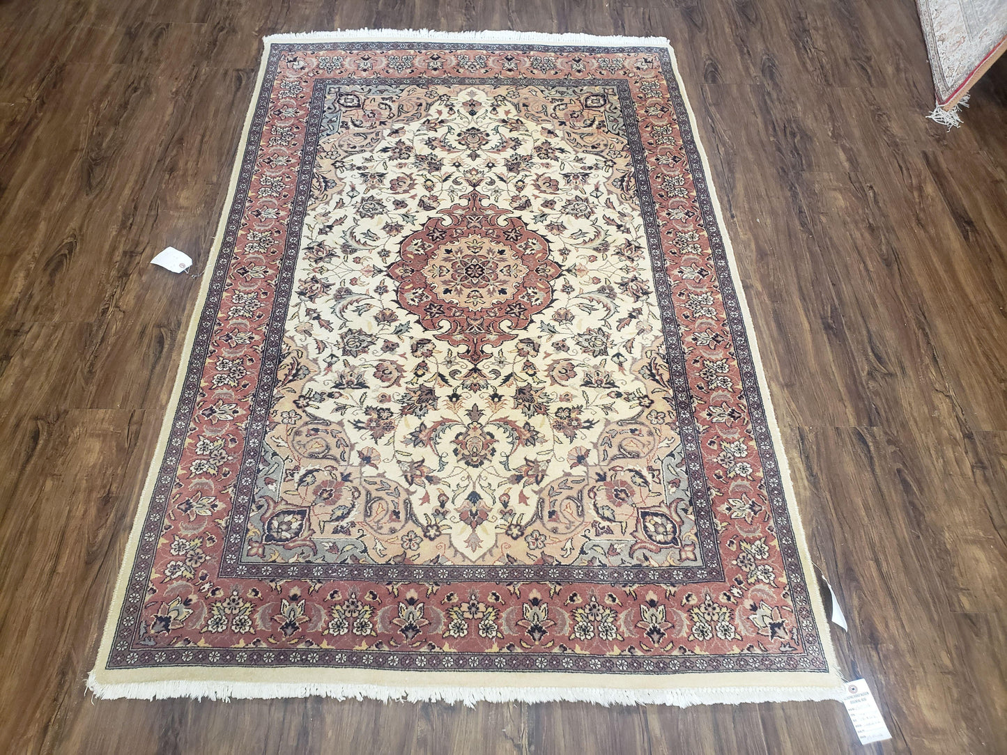 4x6 Handmade Top Quality Pakistani Floral Wool Rug Veg Dyes Carpet Beige Salmon