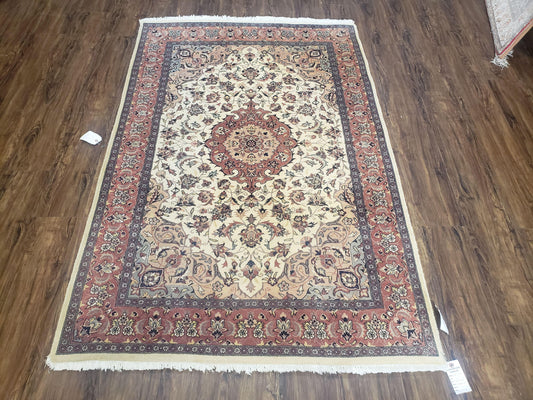 4x6 Handmade Top Quality Pakistani Floral Wool Rug Veg Dyes Carpet Beige Salmon