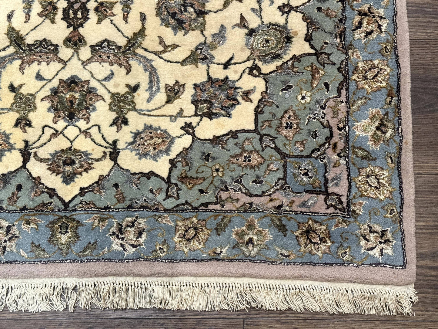 Persian Isfahan Rug 3x5, Fine 310 KPSI, Kork Wool Silk Foundation, Cream & Light Green