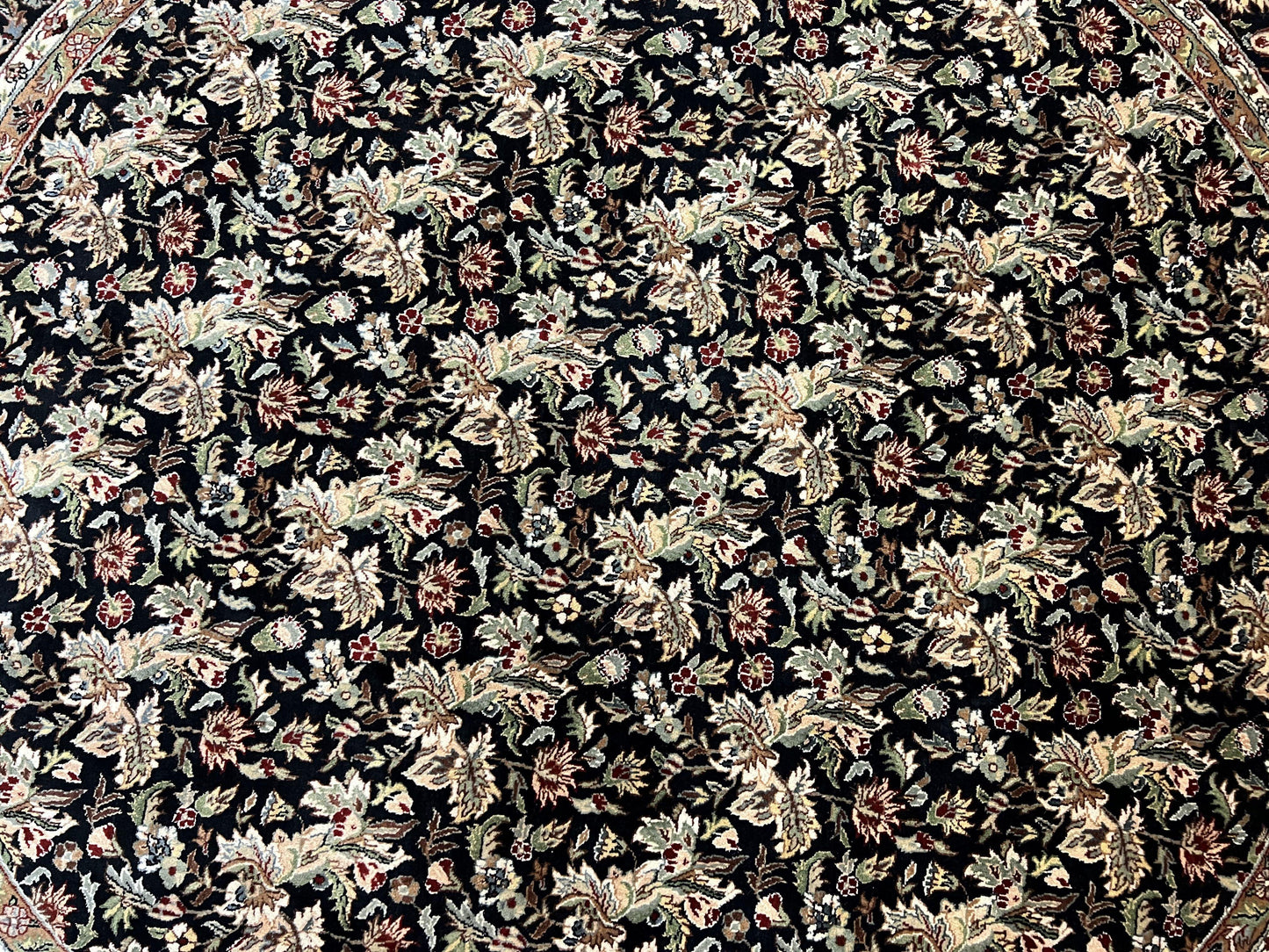 Round Oriental Rug 8x8 ft, William Morris Floral Pattern Carpet, 8 x 8 ft Round Rug, Black Cream and Tan 8ft Round Handmade Indo Persian Rug